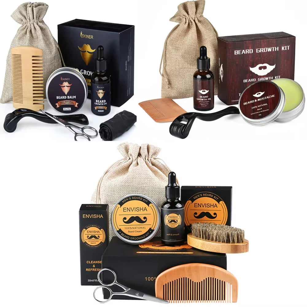 Beard Growth Kit for Men Barbe Hair Enhancerbeard Essential Oil Moisturizing Wax Growth Roller Comb Styling Scissors Beard Care