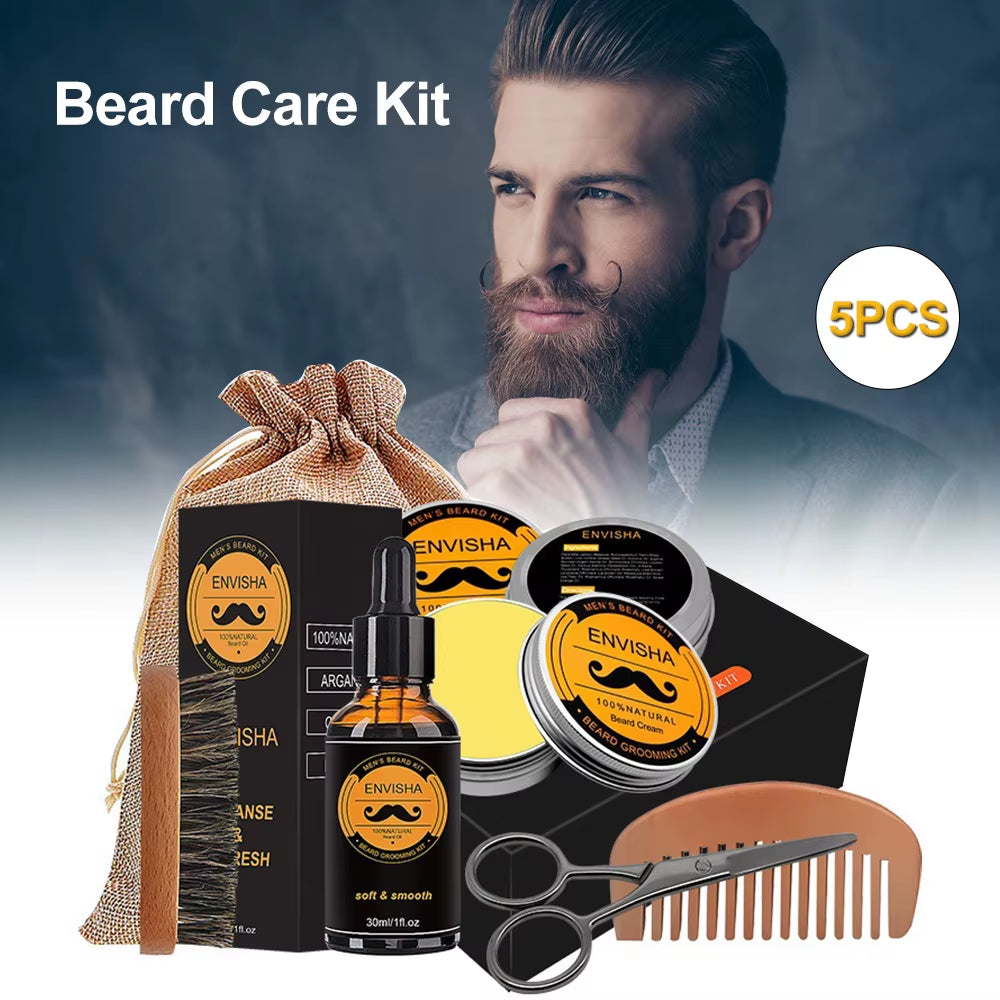 Beard Growth Kit for Men Barbe Hair Enhancerbeard Essential Oil Moisturizing Wax Growth Roller Comb Styling Scissors Beard Care