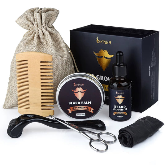 Beard Growth Kit for Men Barbe Hair Enhancerbeard Essential Oil Moisturizing Wax Growth Roller Comb Styling Scissors Beard Care